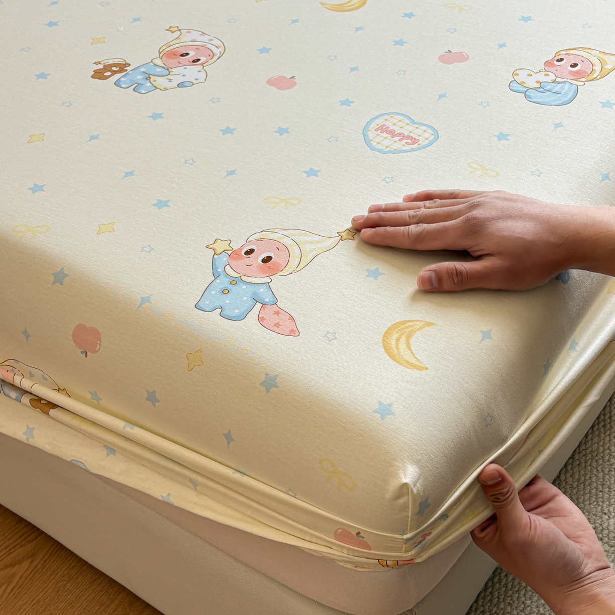 91家纺网 家纺一手货源 找家纺 居眠 2026新款全棉单层印花单床笠 蓝色星星人