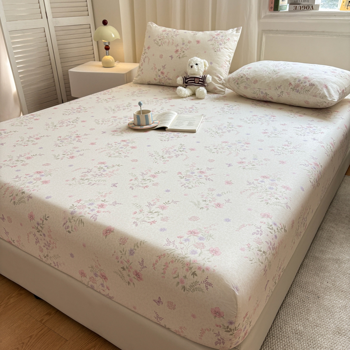 91家纺网 家纺一手货源 找家纺 居眠 2026新款全棉单层印花单床笠 粉铃花语-粉