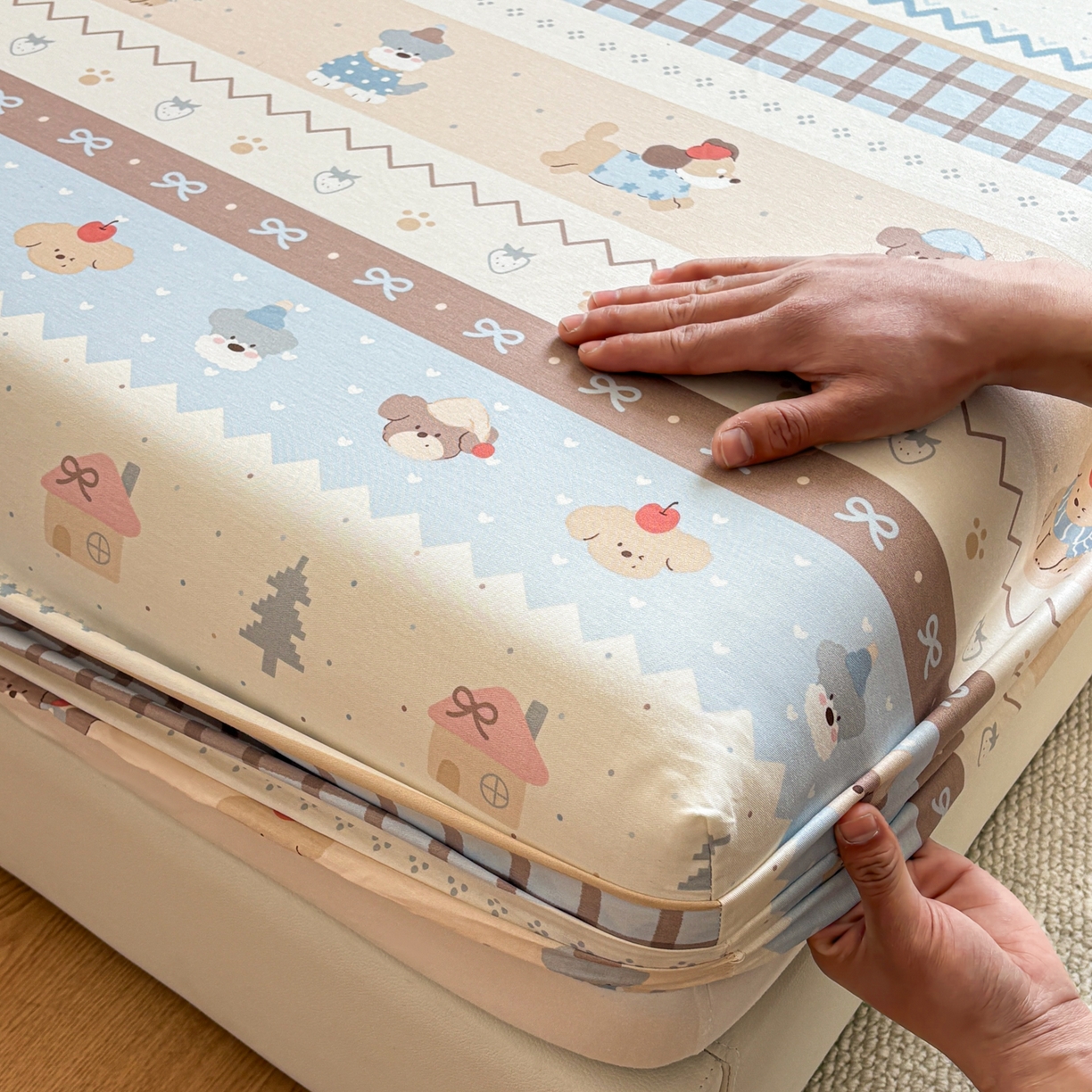 91家纺网 家纺一手货源 找家纺 居眠 2026新款全棉单层印花单床笠 费尔岛小狗