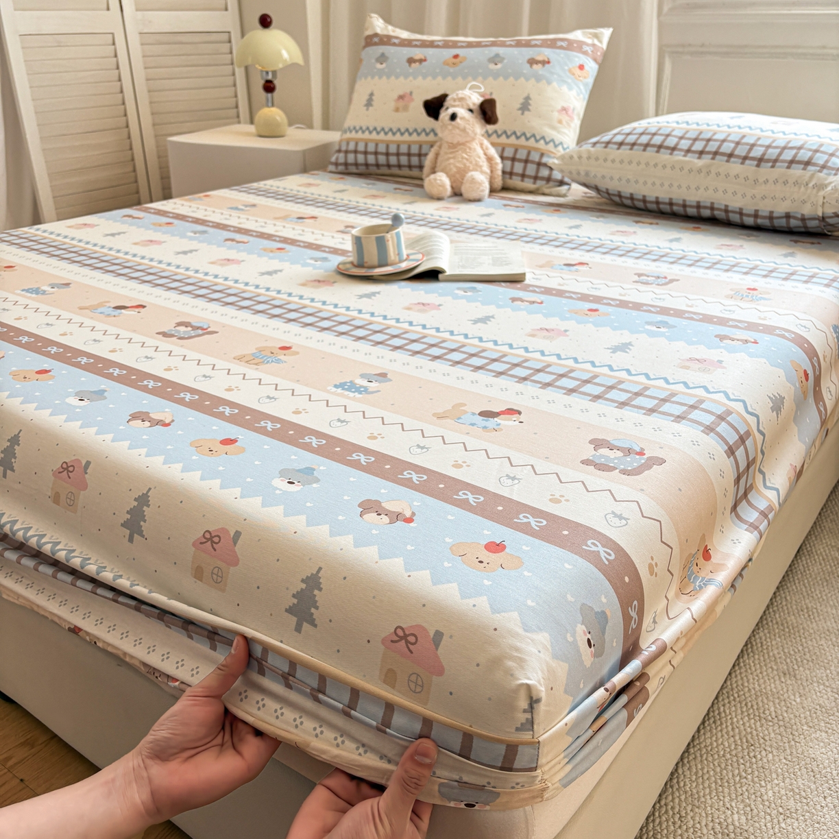 91家纺网 家纺一手货源 找家纺 居眠 2026新款全棉单层印花单床笠 费尔岛小狗