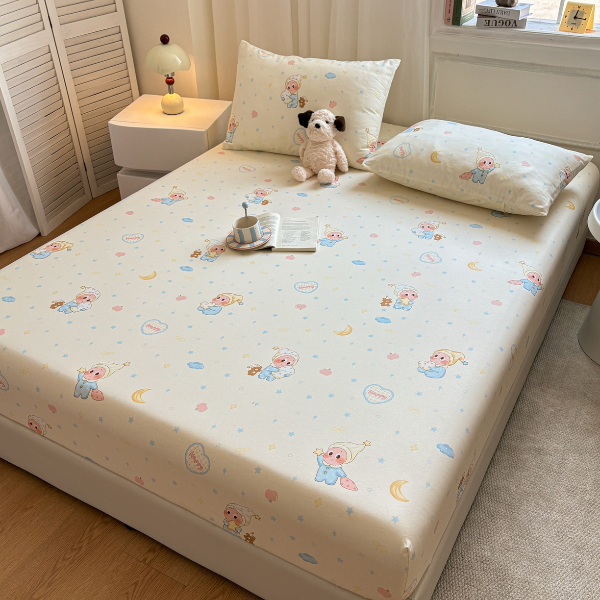 91家纺网 家纺一手货源 找家纺 居眠 2026新款全棉单层印花单床笠 蓝色星星人