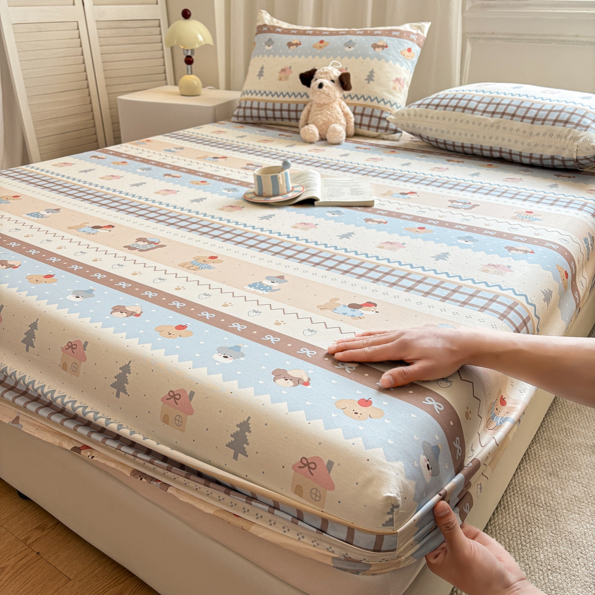 91家纺网 家纺一手货源 找家纺 居眠 2026新款全棉单层印花单床笠 费尔岛小狗