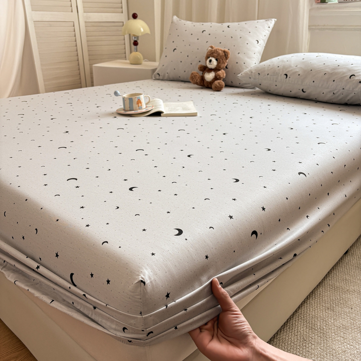 91家纺网 家纺一手货源 找家纺 居眠 2026新款全棉单层印花单床笠 月光恋人-灰