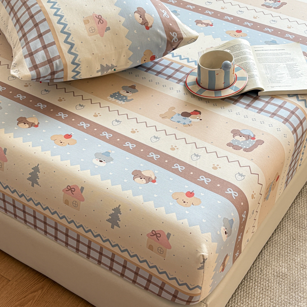 91家纺网 家纺一手货源 找家纺 居眠 2026新款全棉单层印花单床笠 费尔岛小狗