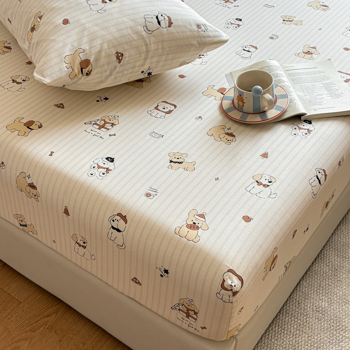 91家纺网 家纺一手货源 找家纺 居眠 2026新款全棉单层印花单床笠 可爱萌犬