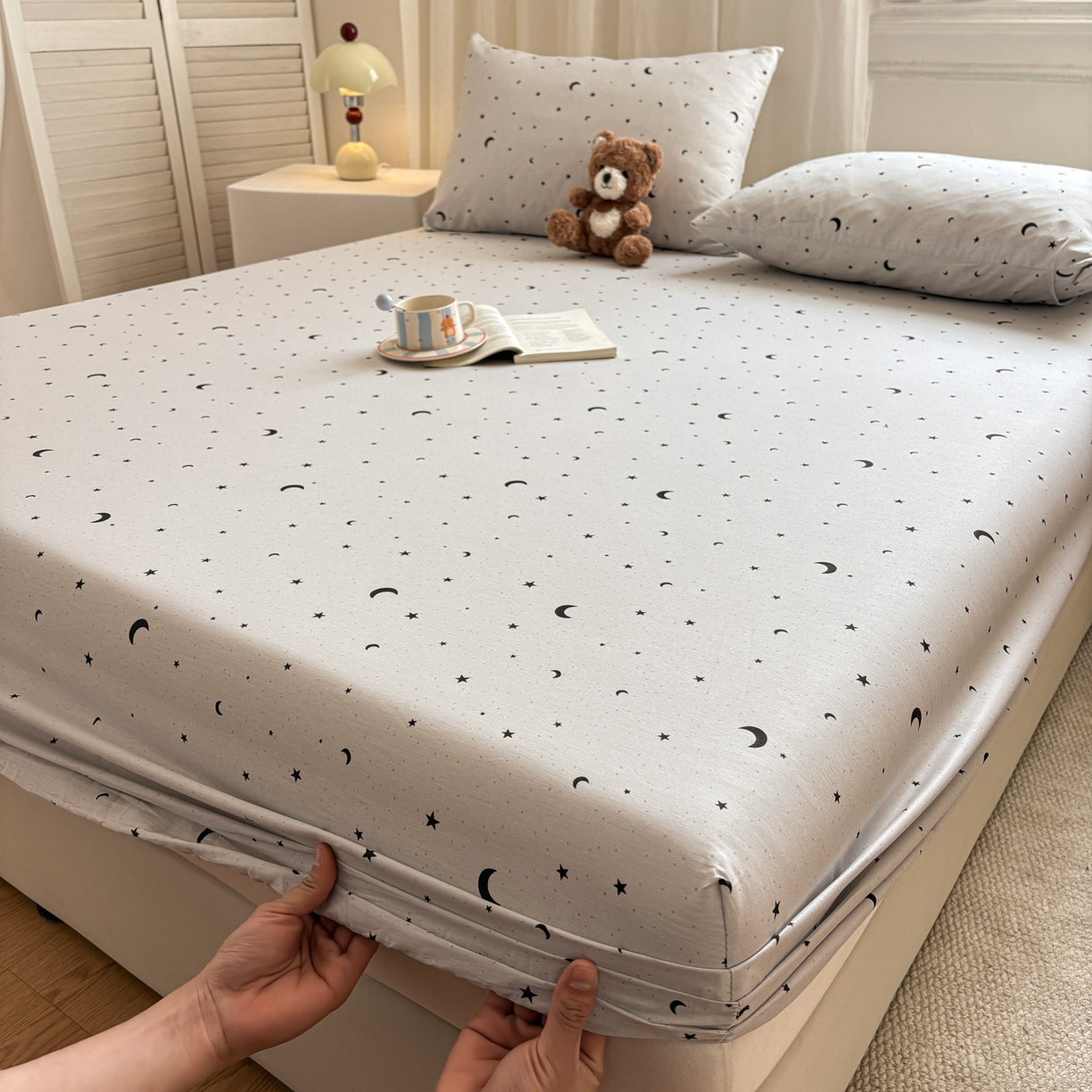 91家纺网 家纺一手货源 找家纺 居眠 2026新款全棉单层印花单床笠 月光恋人-灰