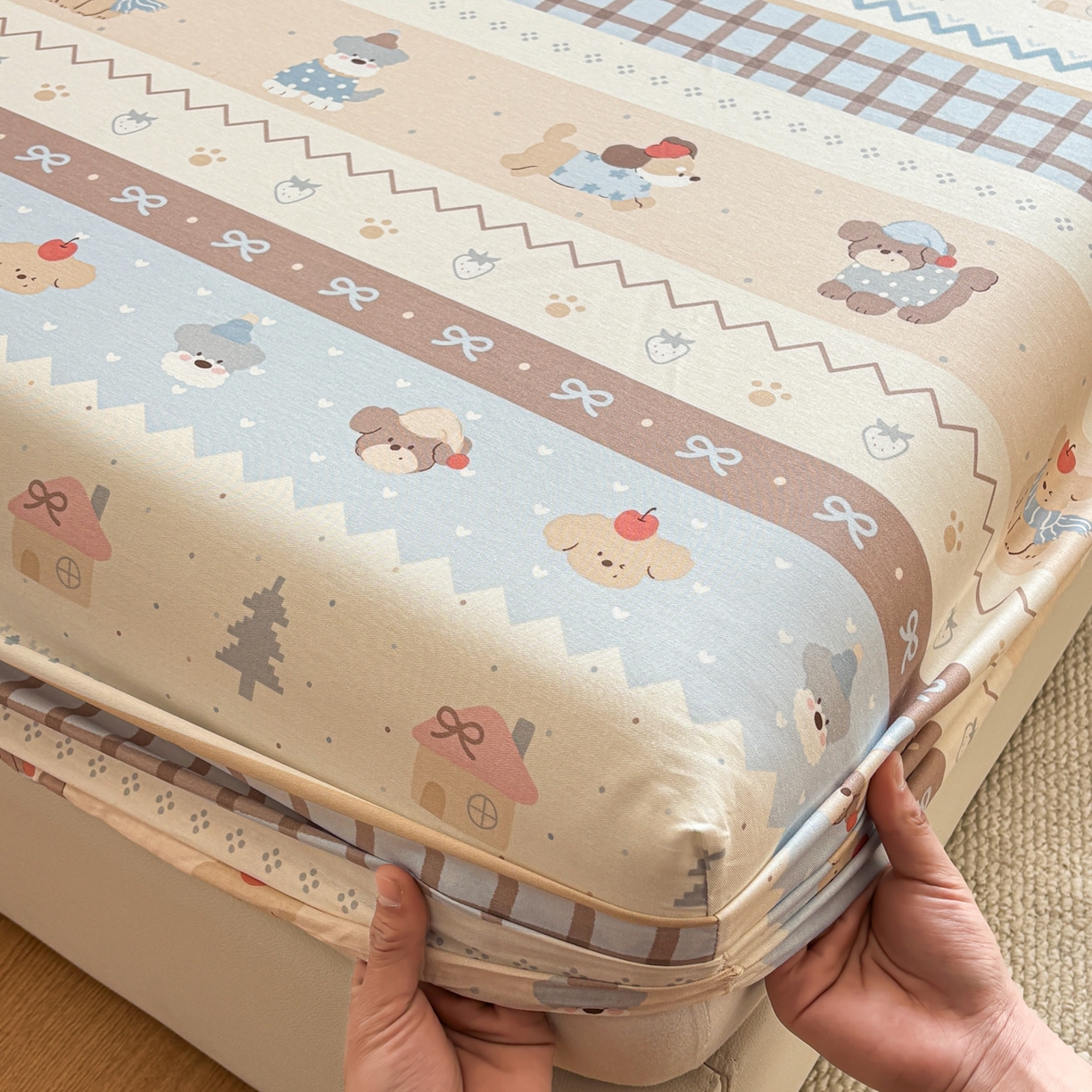 91家纺网 家纺一手货源 找家纺 居眠 2026新款全棉单层印花单床笠 费尔岛小狗