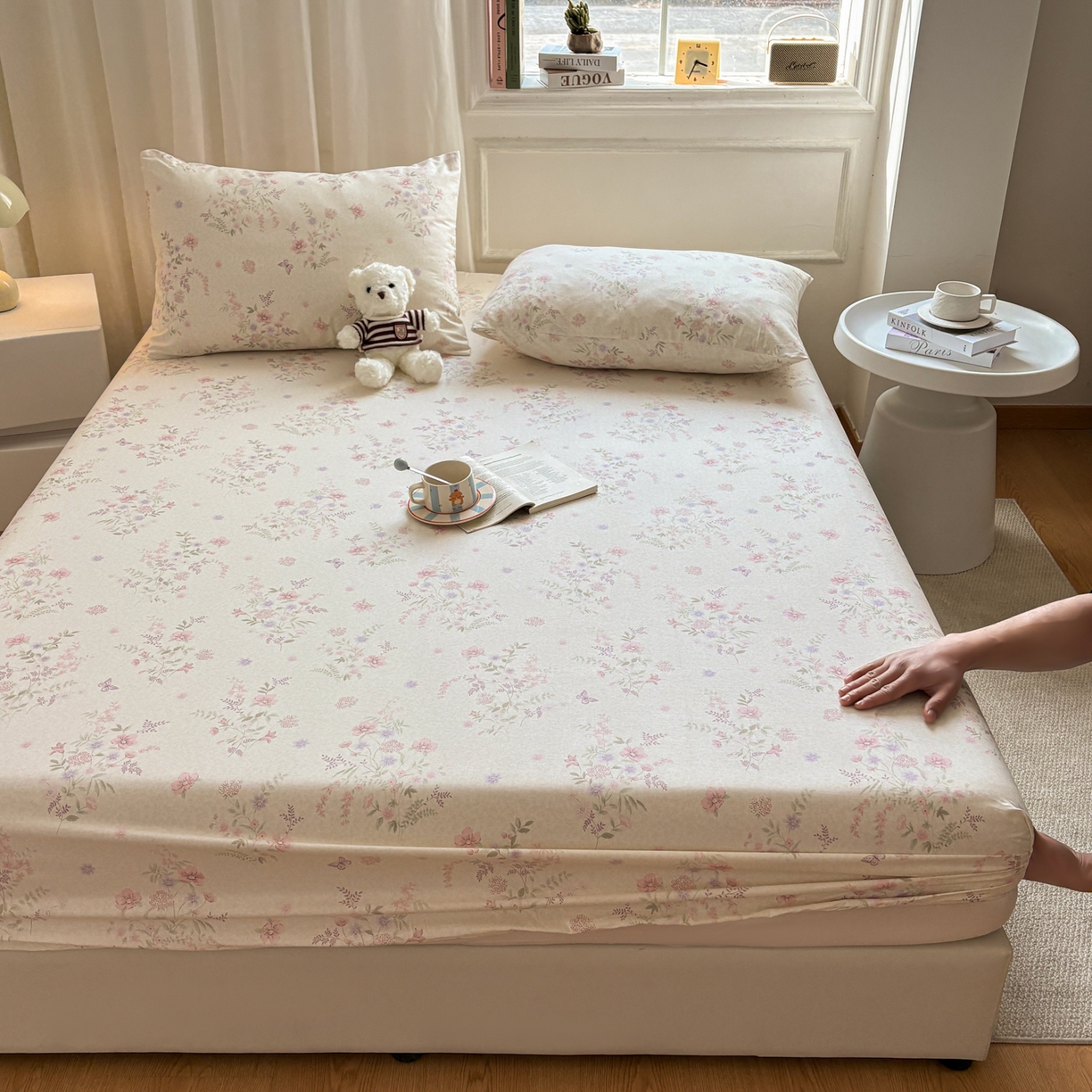 91家纺网 家纺一手货源 找家纺 居眠 2026新款全棉单层印花单床笠 粉铃花语-粉