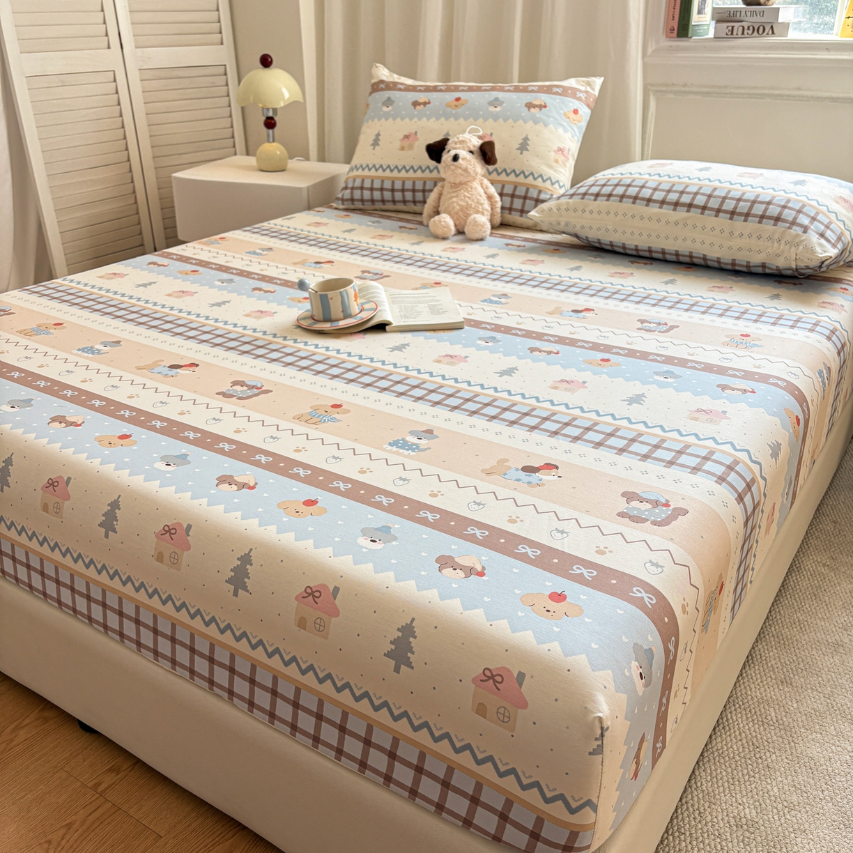 91家纺网 家纺一手货源 找家纺 居眠 2026新款全棉单层印花单床笠 费尔岛小狗