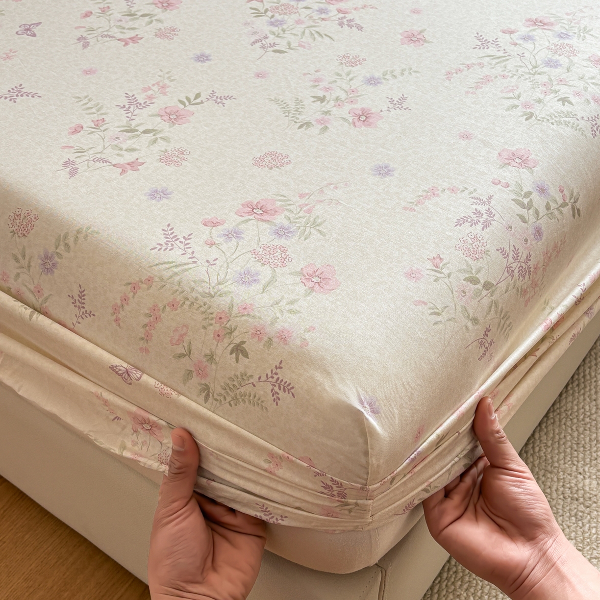 91家纺网 家纺一手货源 找家纺 居眠 2026新款全棉单层印花单床笠 粉铃花语-粉