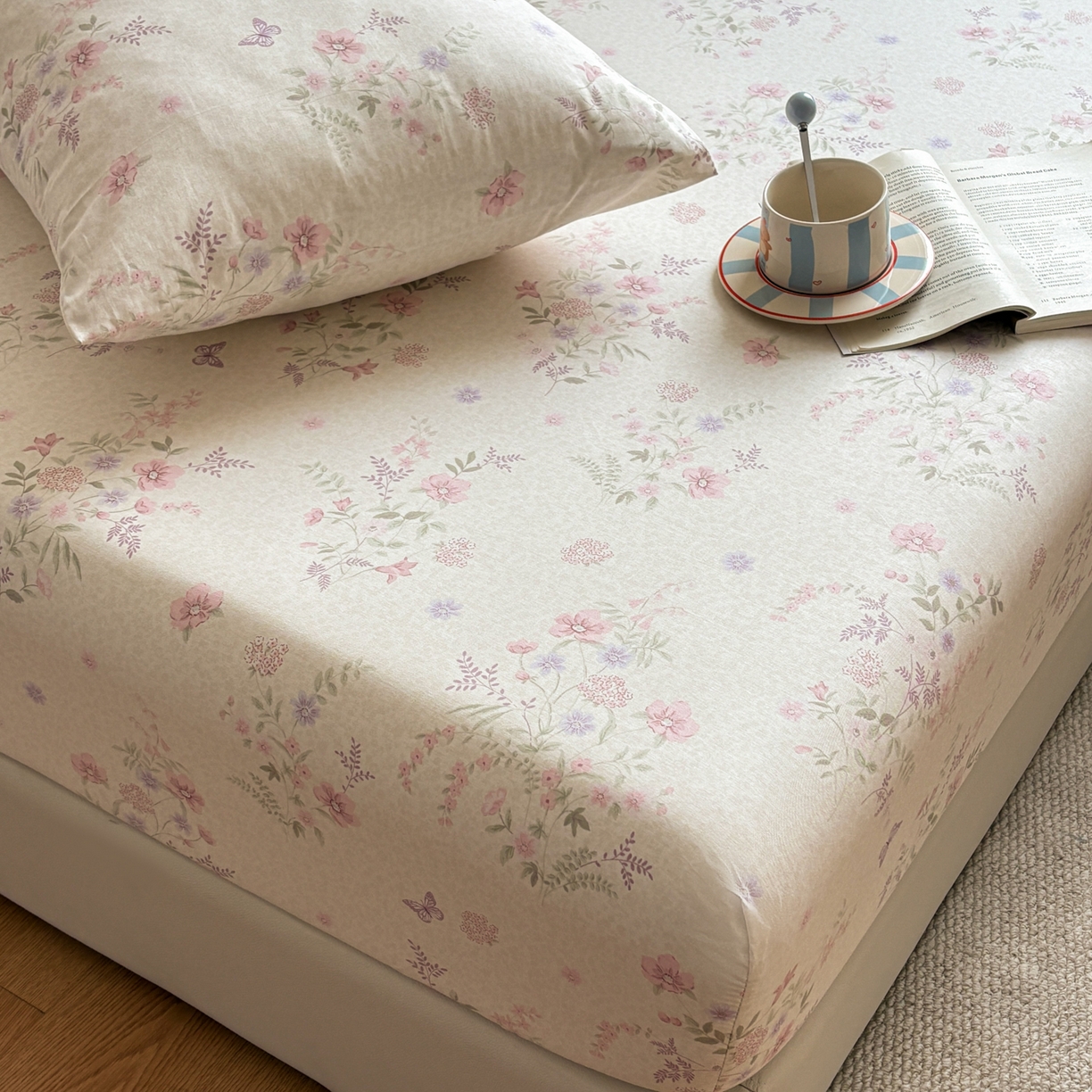 91家纺网 家纺一手货源 找家纺 居眠 2026新款全棉单层印花单床笠 粉铃花语-粉