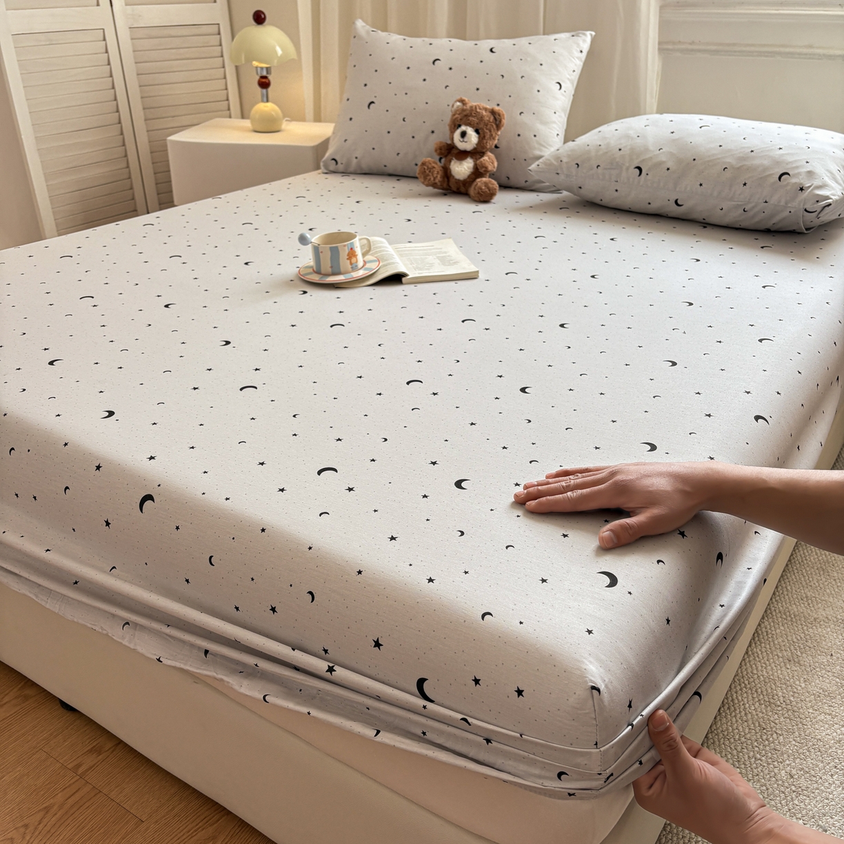 91家纺网 家纺一手货源 找家纺 居眠 2026新款全棉单层印花单床笠 月光恋人-灰