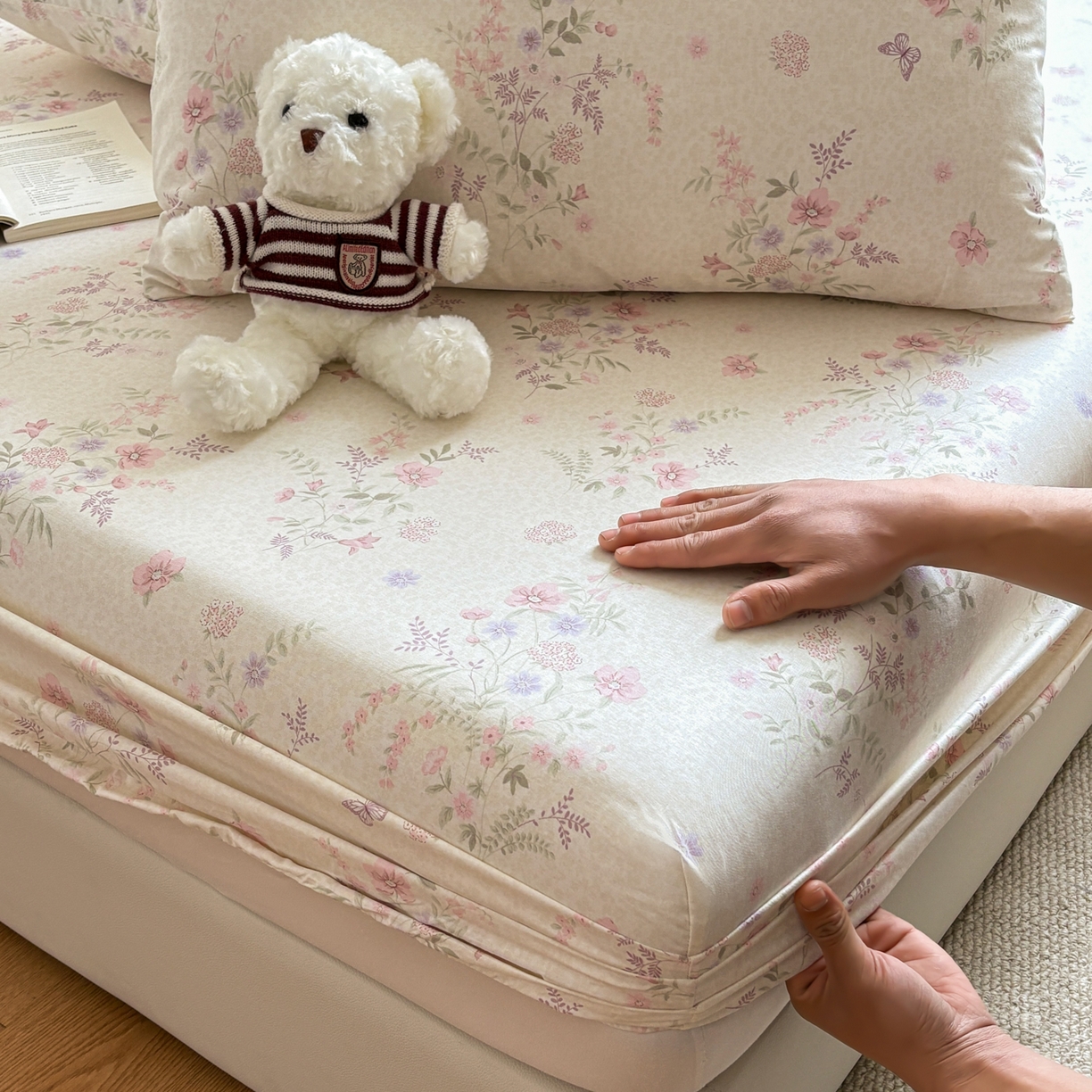 91家纺网 家纺一手货源 找家纺 居眠 2026新款全棉单层印花单床笠 粉铃花语-粉