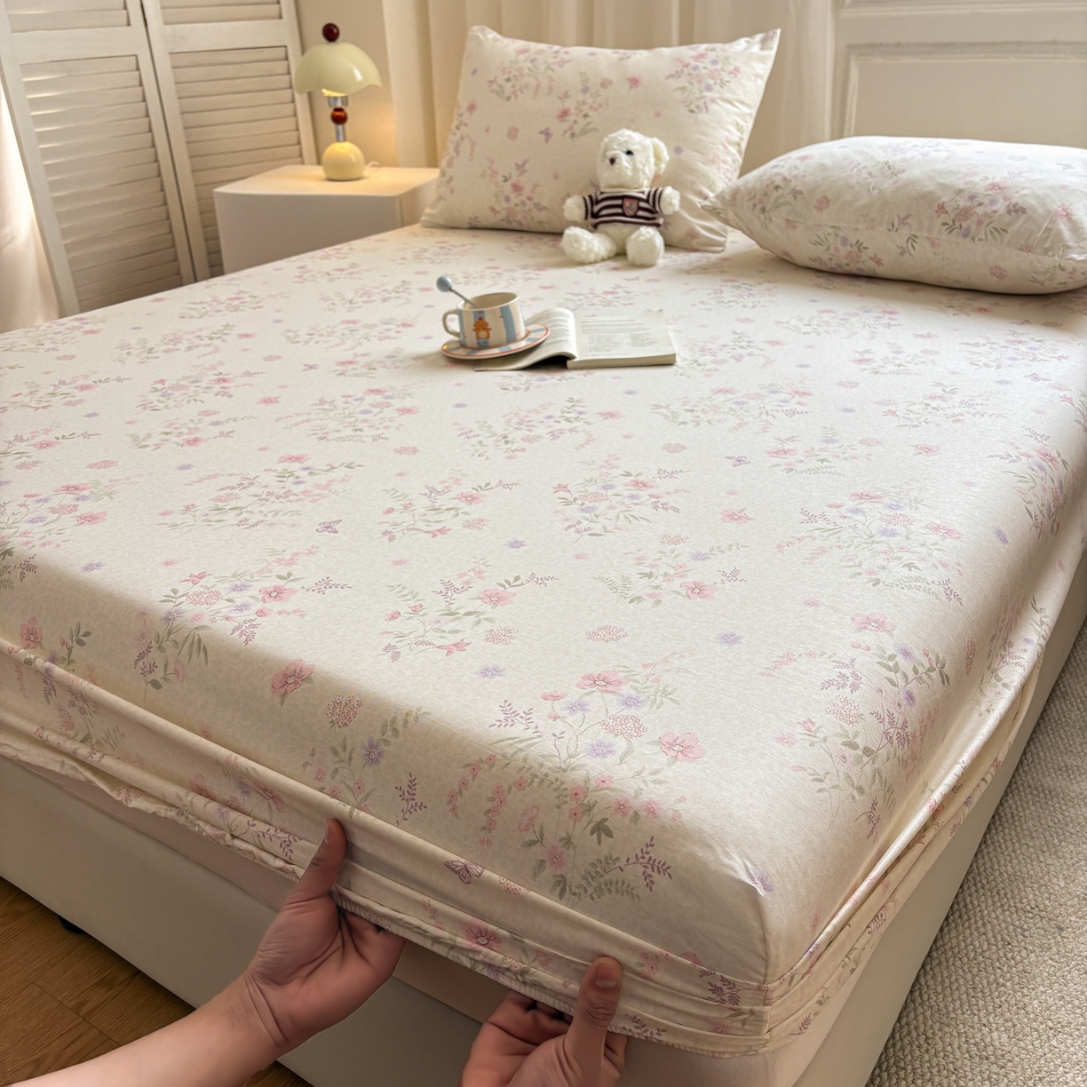 91家纺网 家纺一手货源 找家纺 居眠 2026新款全棉单层印花单床笠 粉铃花语-粉