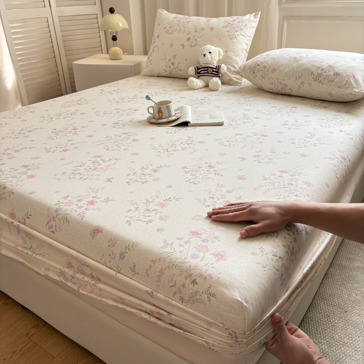 91家纺网 家纺一手货源 找家纺 居眠 2026新款全棉单层印花单床笠 粉铃花语-粉