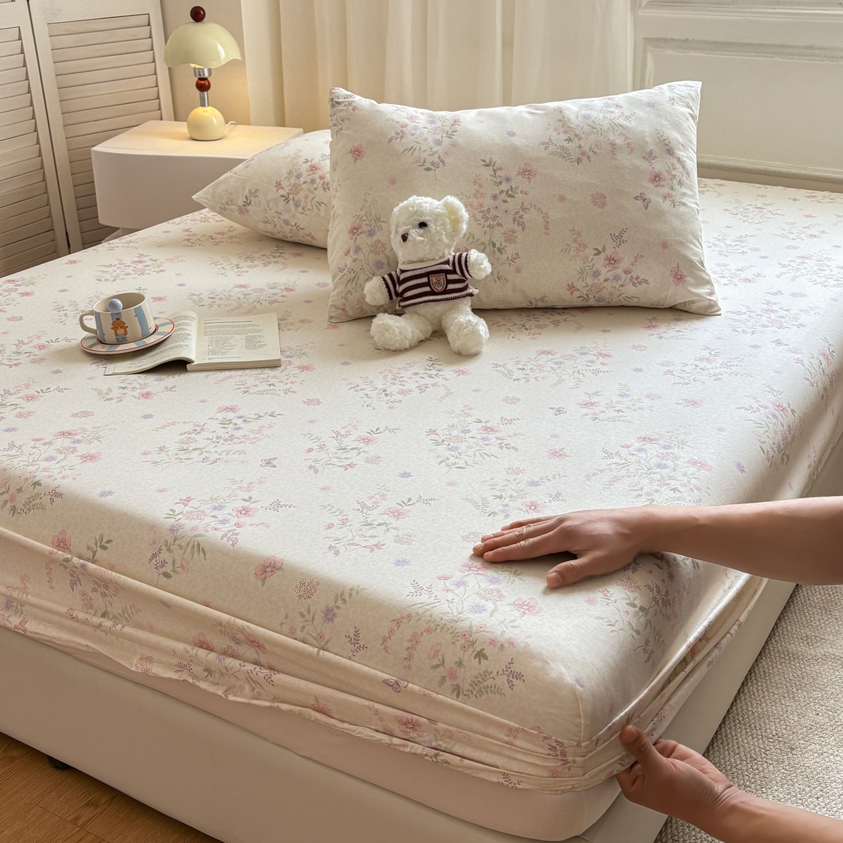 91家纺网 家纺一手货源 找家纺 居眠 2026新款全棉单层印花单床笠 粉铃花语-粉