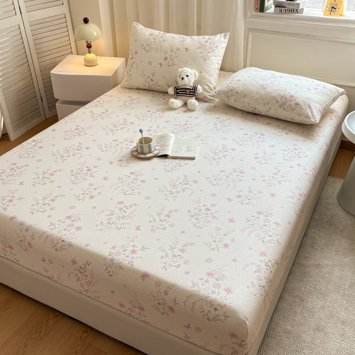 91家纺网 家纺一手货源 找家纺 居眠 2026新款全棉单层印花单床笠 粉铃花语-粉