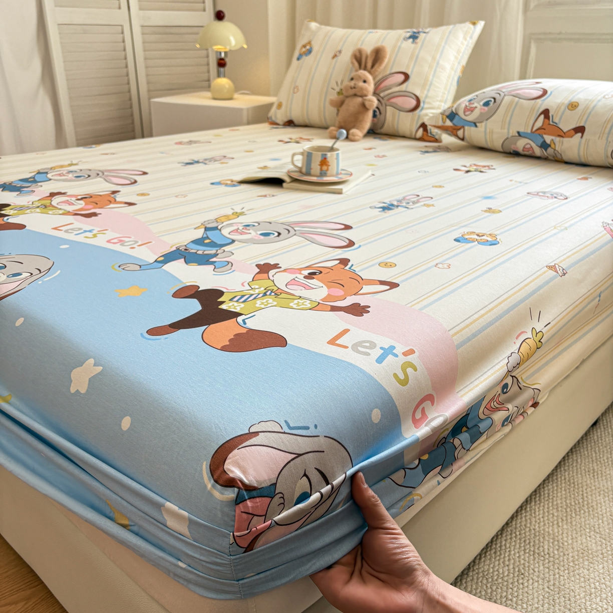 91家纺网 家纺一手货源 找家纺 居眠 2026新款全棉单层印花单床笠 兔子和狐狸