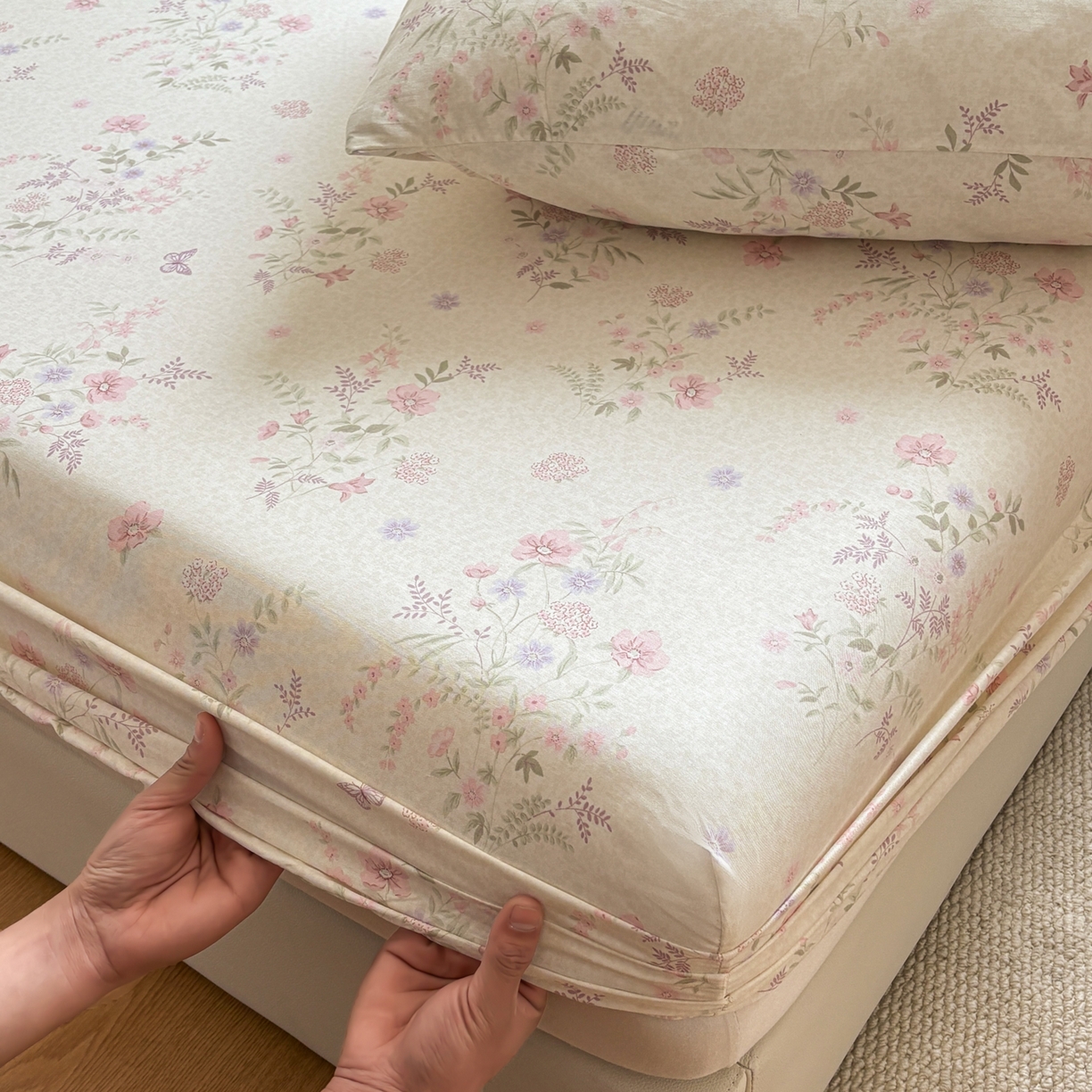 91家纺网 家纺一手货源 找家纺 居眠 2026新款全棉单层印花单床笠 粉铃花语-粉