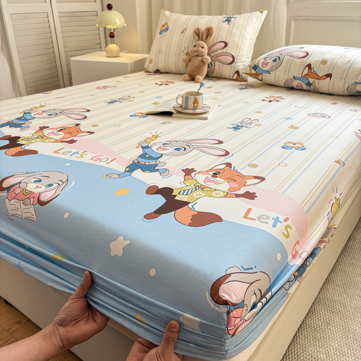 91家纺网 家纺一手货源 找家纺 居眠 2026新款全棉单层印花单床笠 兔子和狐狸