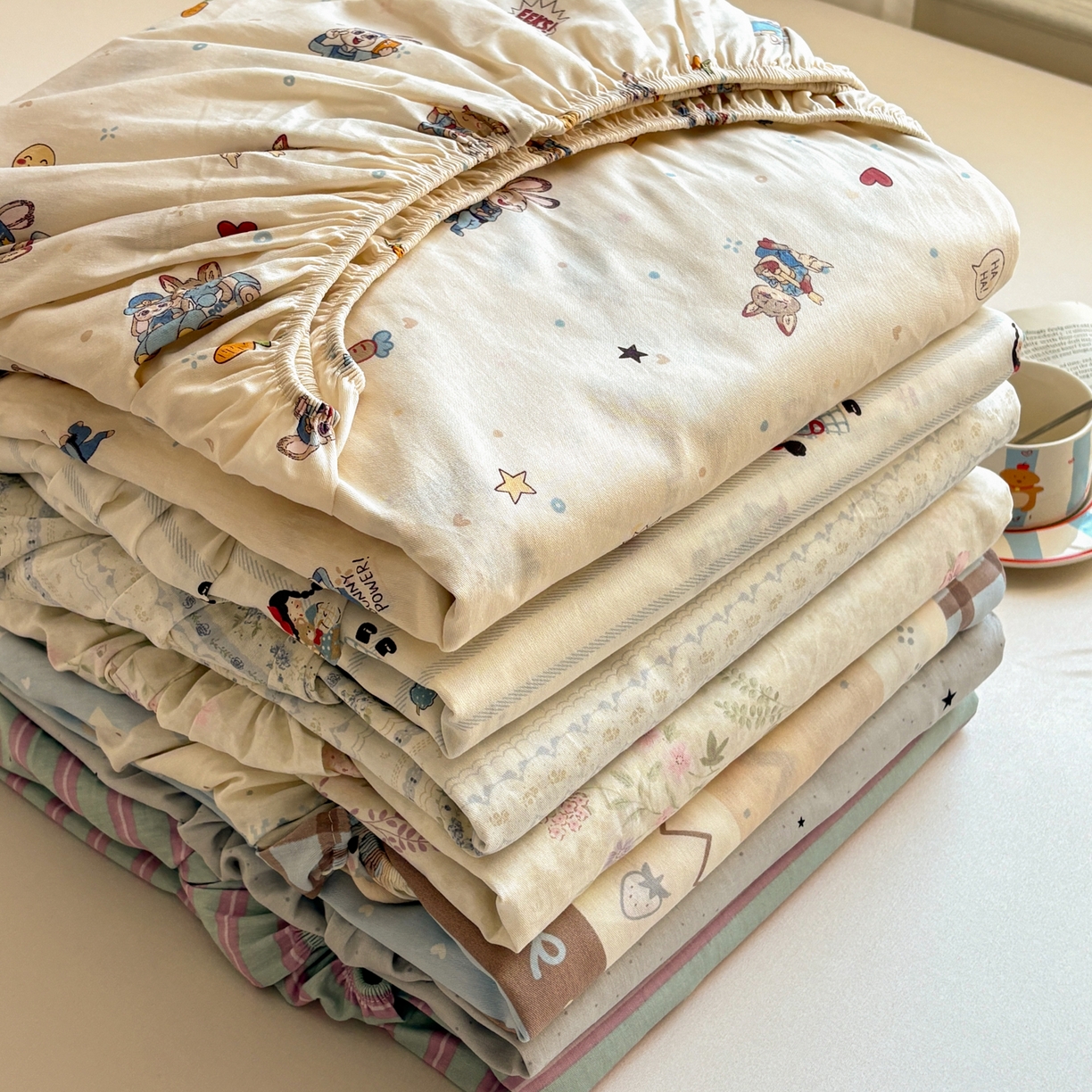 91家纺网 家纺一手货源 找家纺 居眠 2026新款全棉单层印花单床笠 组合叠拍