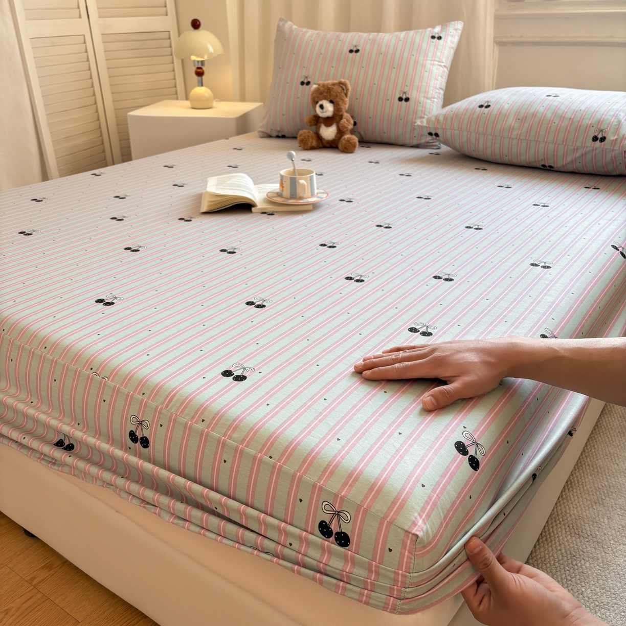 91家纺网 家纺一手货源 找家纺 居眠 2026新款全棉单层印花单床笠 时尚樱桃