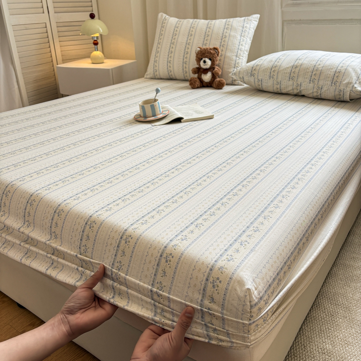 91家纺网 家纺一手货源 找家纺 居眠 2026新款全棉单层印花单床笠 浅纹蓝-蓝