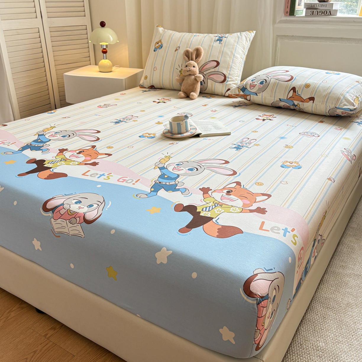 91家纺网 家纺一手货源 找家纺 居眠 2026新款全棉单层印花单床笠 兔子和狐狸