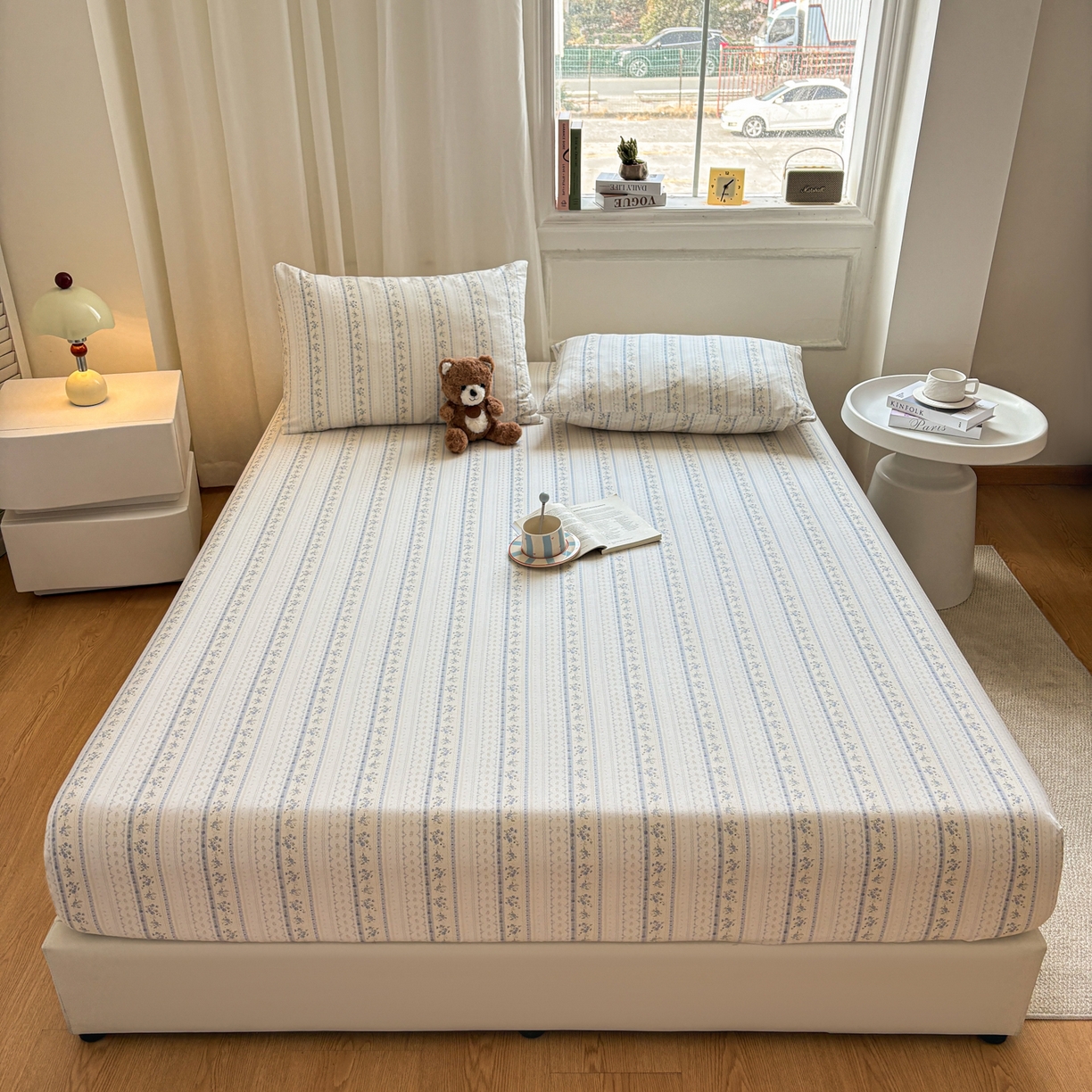 居眠 2026新款全棉单层印花单床笠 浅纹蓝-蓝