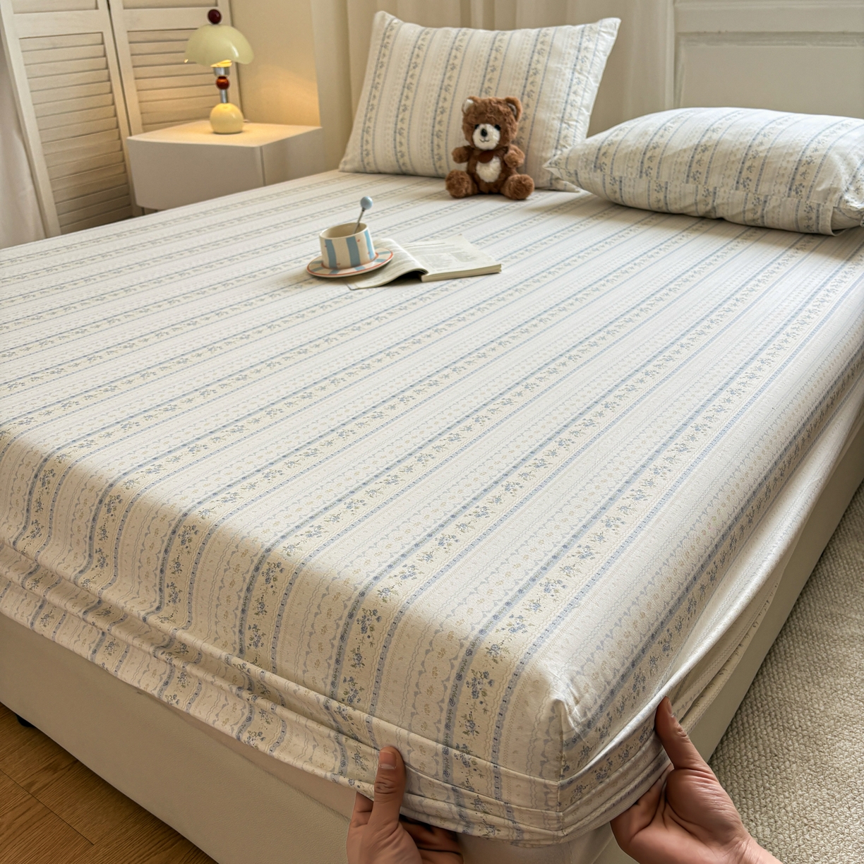 91家纺网 家纺一手货源 找家纺 居眠 2026新款全棉单层印花单床笠 浅纹蓝-蓝