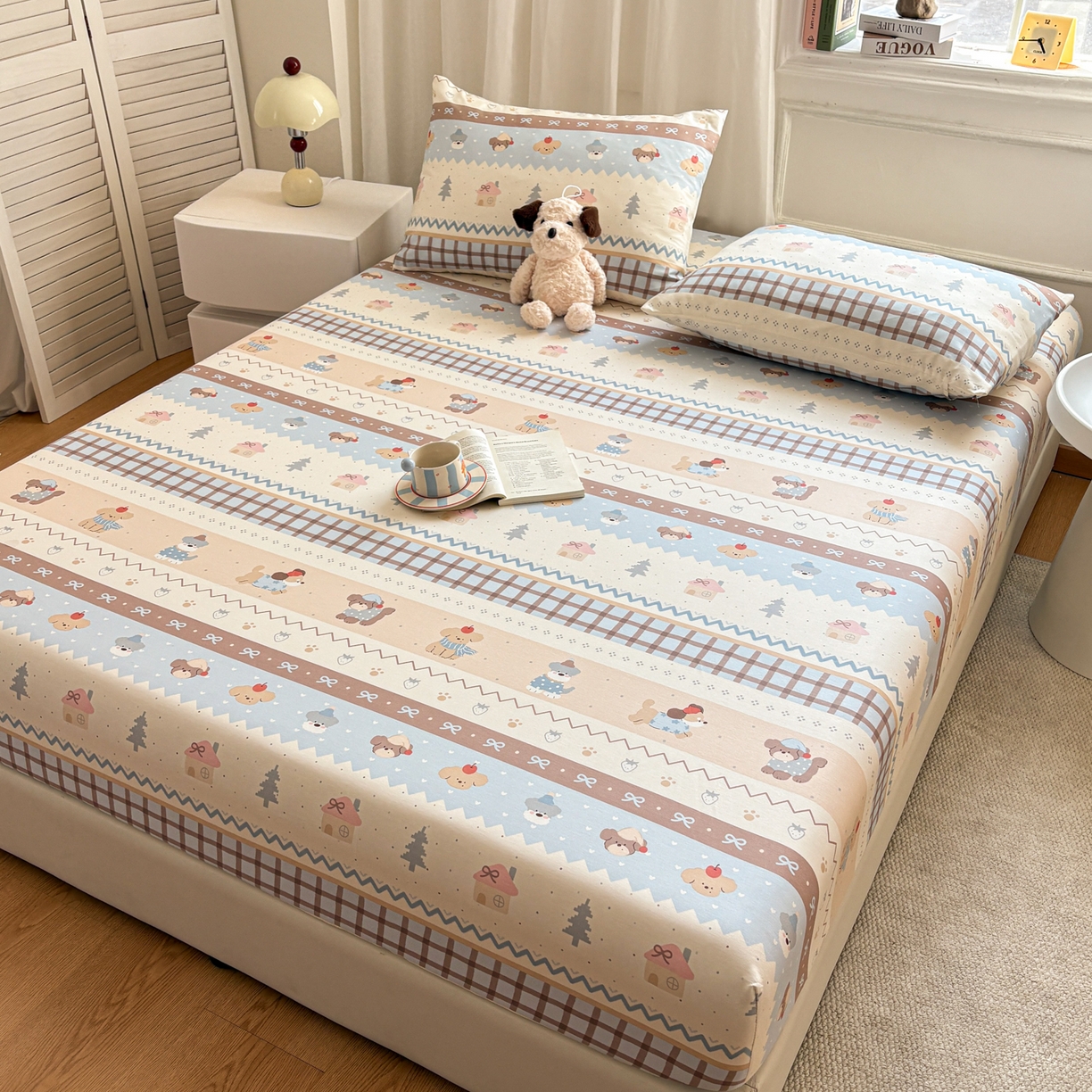 91家纺网 家纺一手货源 找家纺 居眠 2026新款全棉单层印花单床笠 费尔岛小狗