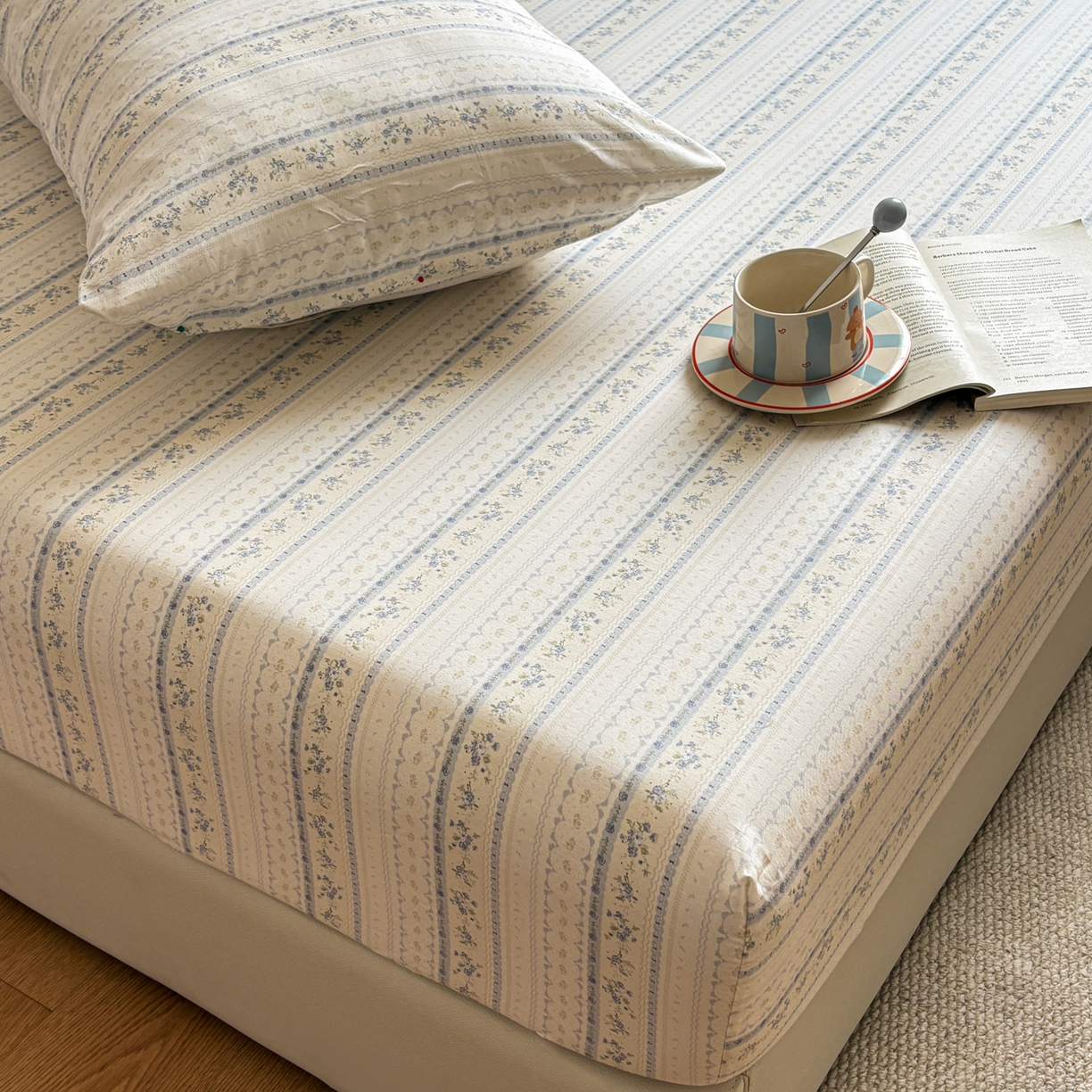 91家纺网 家纺一手货源 找家纺 居眠 2026新款全棉单层印花单床笠 浅纹蓝-蓝