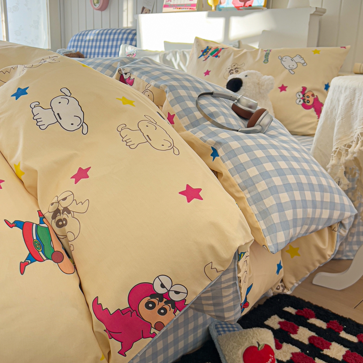 91家纺网 家纺一手货源 找家纺 桃子家居 2026新款A类蜡笔小新正版授权刺绣混搭枕套卡通印花系列四件套 棉蜡笔小新-百变小新