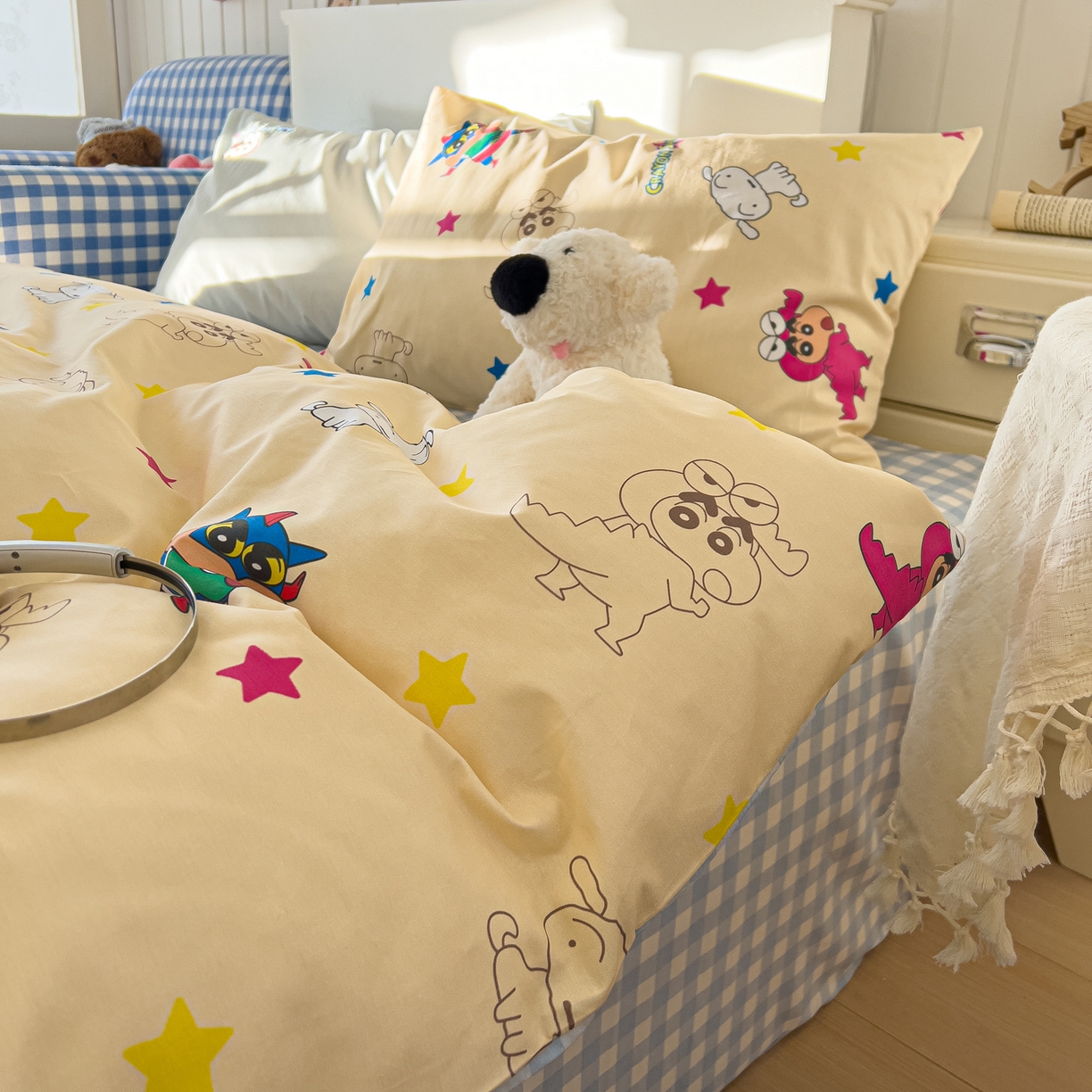 91家纺网 家纺一手货源 找家纺 桃子家居 2026新款A类蜡笔小新正版授权刺绣混搭枕套卡通印花系列四件套 棉蜡笔小新-百变小新