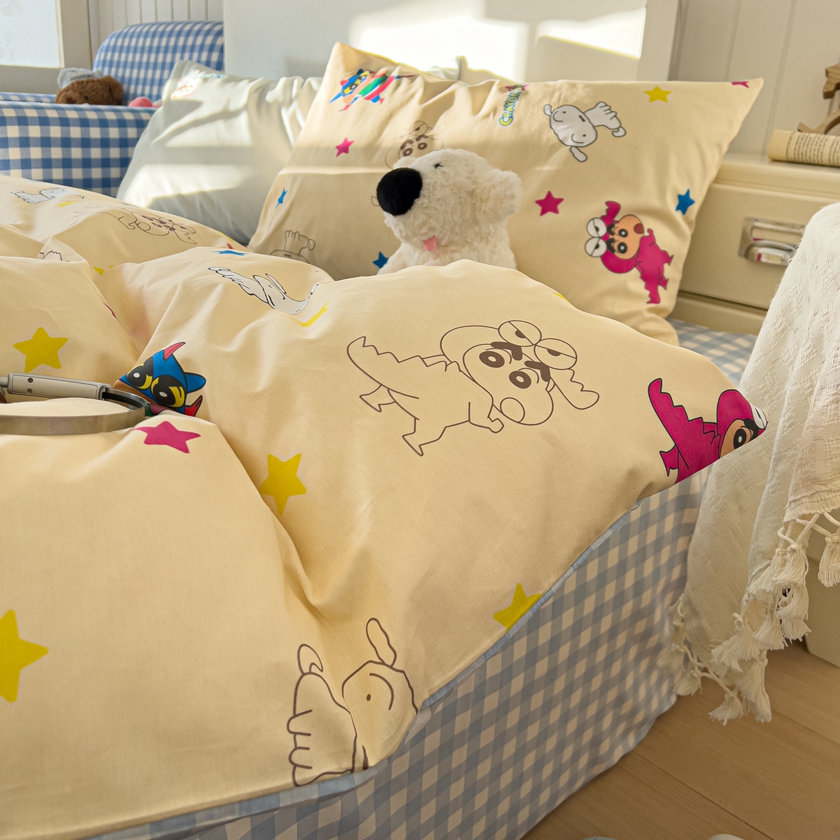 91家纺网 家纺一手货源 找家纺 桃子家居 2026新款A类蜡笔小新正版授权刺绣混搭枕套卡通印花系列四件套 棉蜡笔小新-百变小新