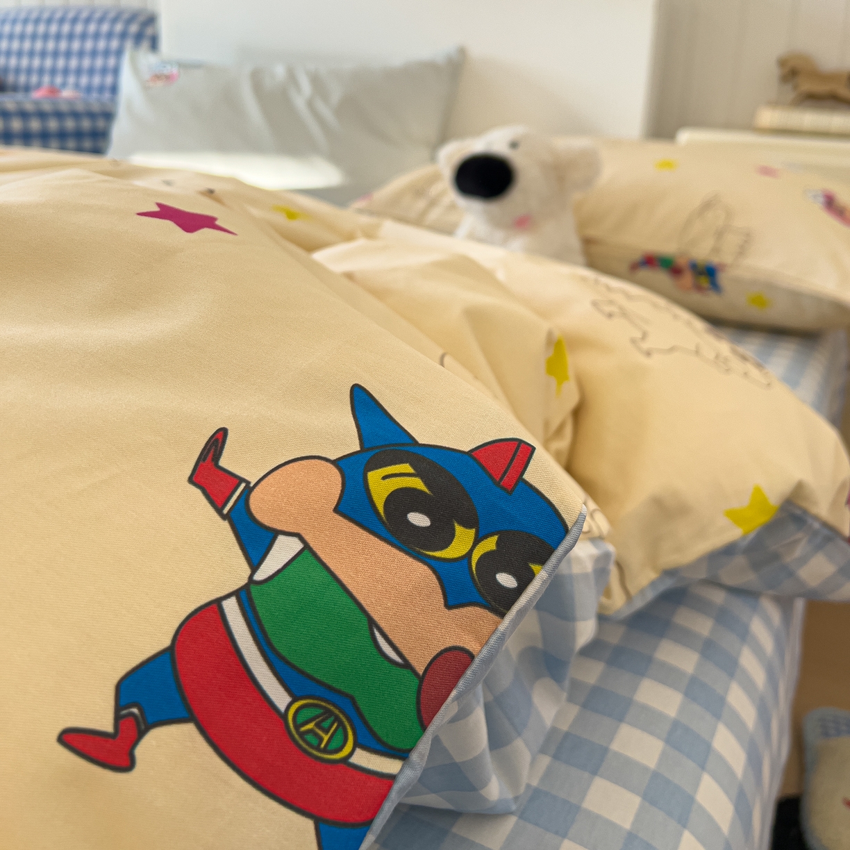 91家纺网 家纺一手货源 找家纺 桃子家居 2026新款A类蜡笔小新正版授权刺绣混搭枕套卡通印花系列四件套 棉蜡笔小新-百变小新