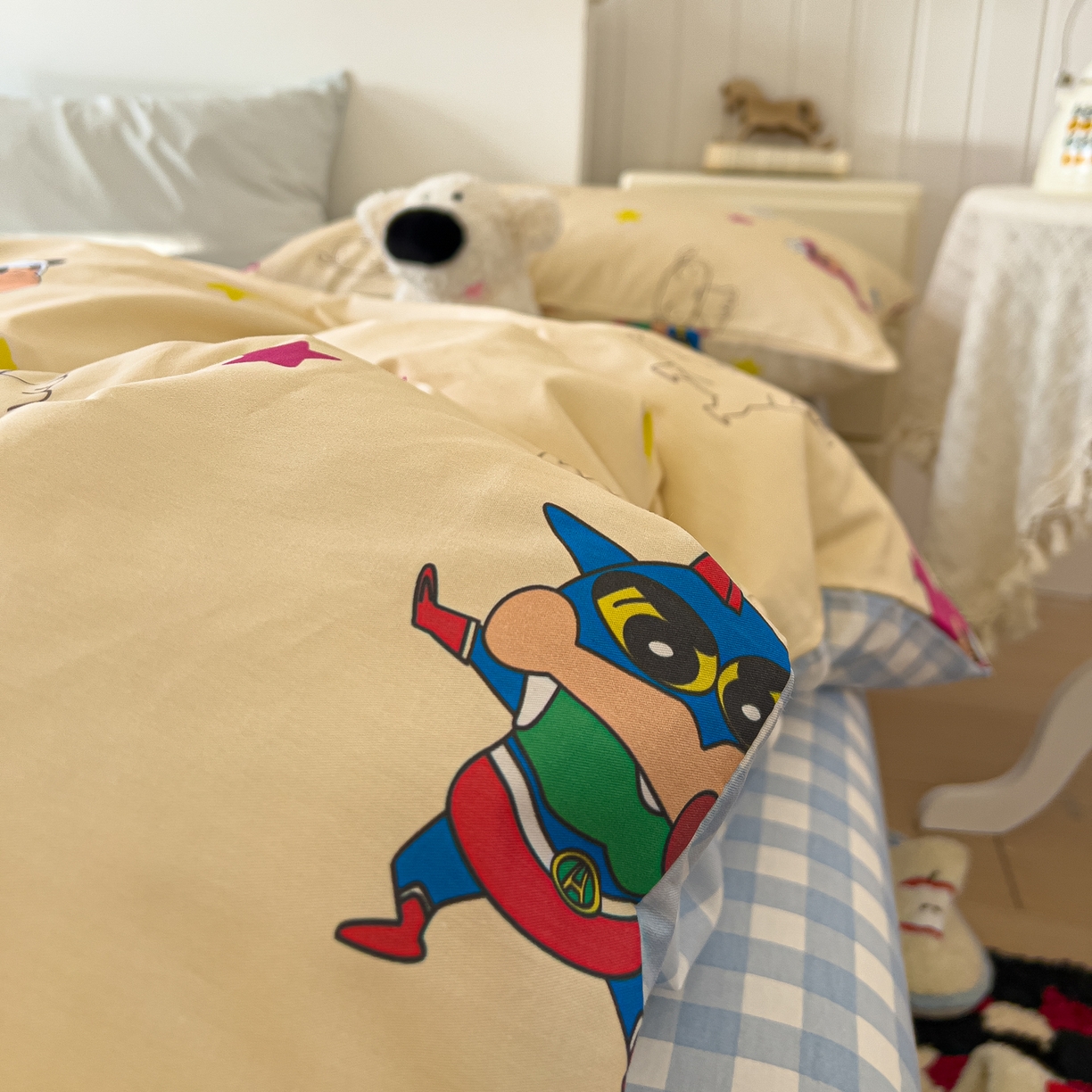 91家纺网 家纺一手货源 找家纺 桃子家居 2026新款A类蜡笔小新正版授权刺绣混搭枕套卡通印花系列四件套 棉蜡笔小新-百变小新