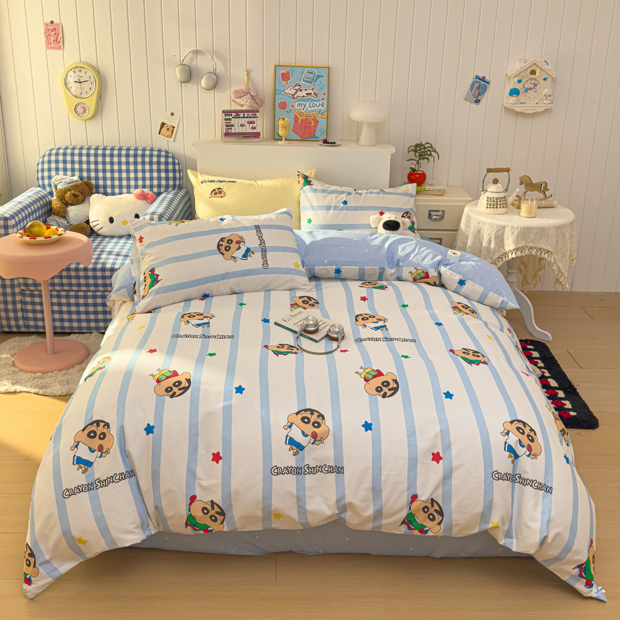 桃子家居 2026新款A类蜡笔小新正版授权刺绣混搭枕套卡通印花系列四件套 棉蜡笔小新-超人小新