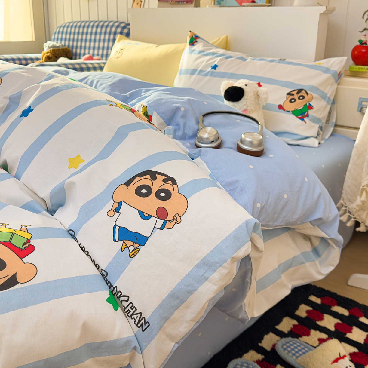 91家纺网 家纺一手货源 找家纺 桃子家居 2026新款A类蜡笔小新正版授权刺绣混搭枕套卡通印花系列四件套 棉蜡笔小新-超人小新