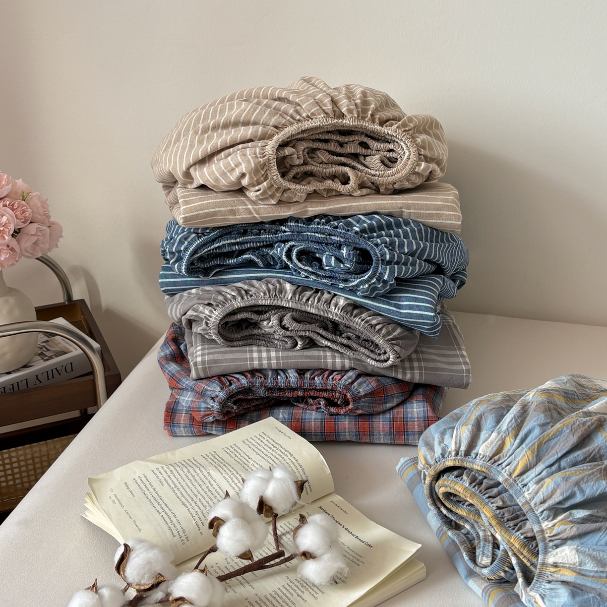 91家纺网 家纺一手货源 找家纺 （总）居眠 2026新款单层色织水洗格子全棉床笠