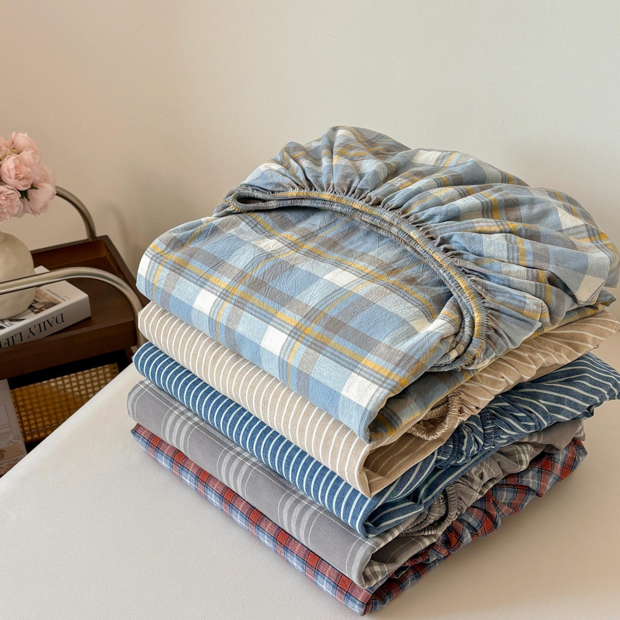 91家纺网 家纺一手货源 找家纺 （总）居眠 2026新款单层色织水洗格子全棉床笠