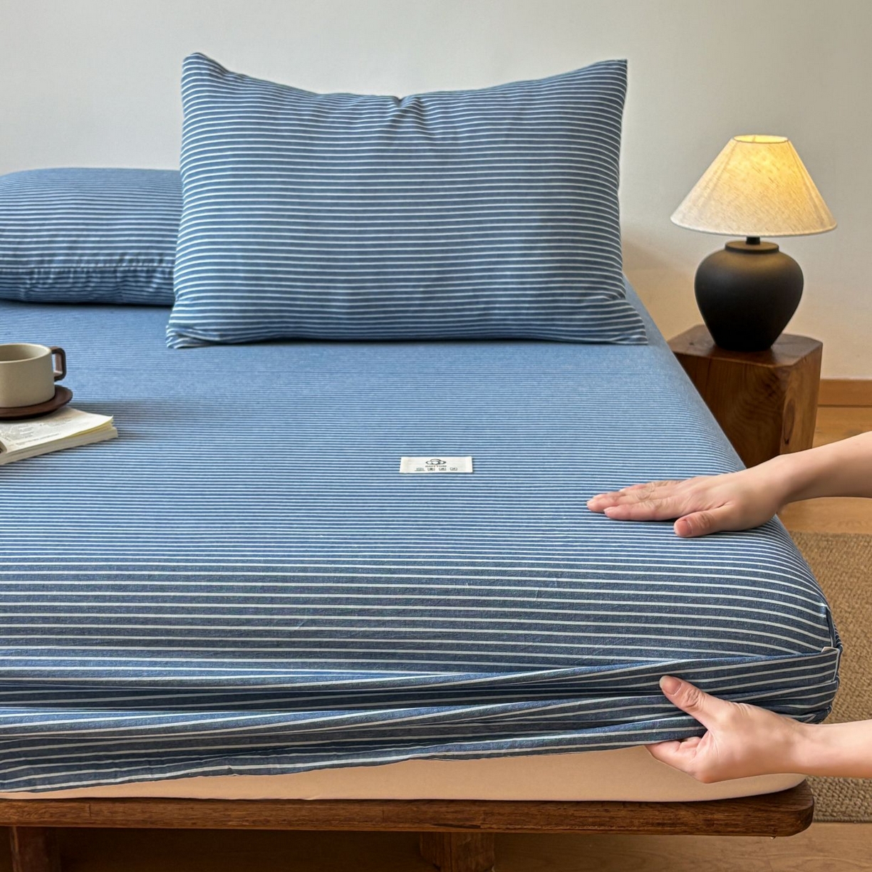 91家纺网 家纺一手货源 找家纺 居眠 2026新款单层色织水洗格子全棉床笠 单层款-蓝细条