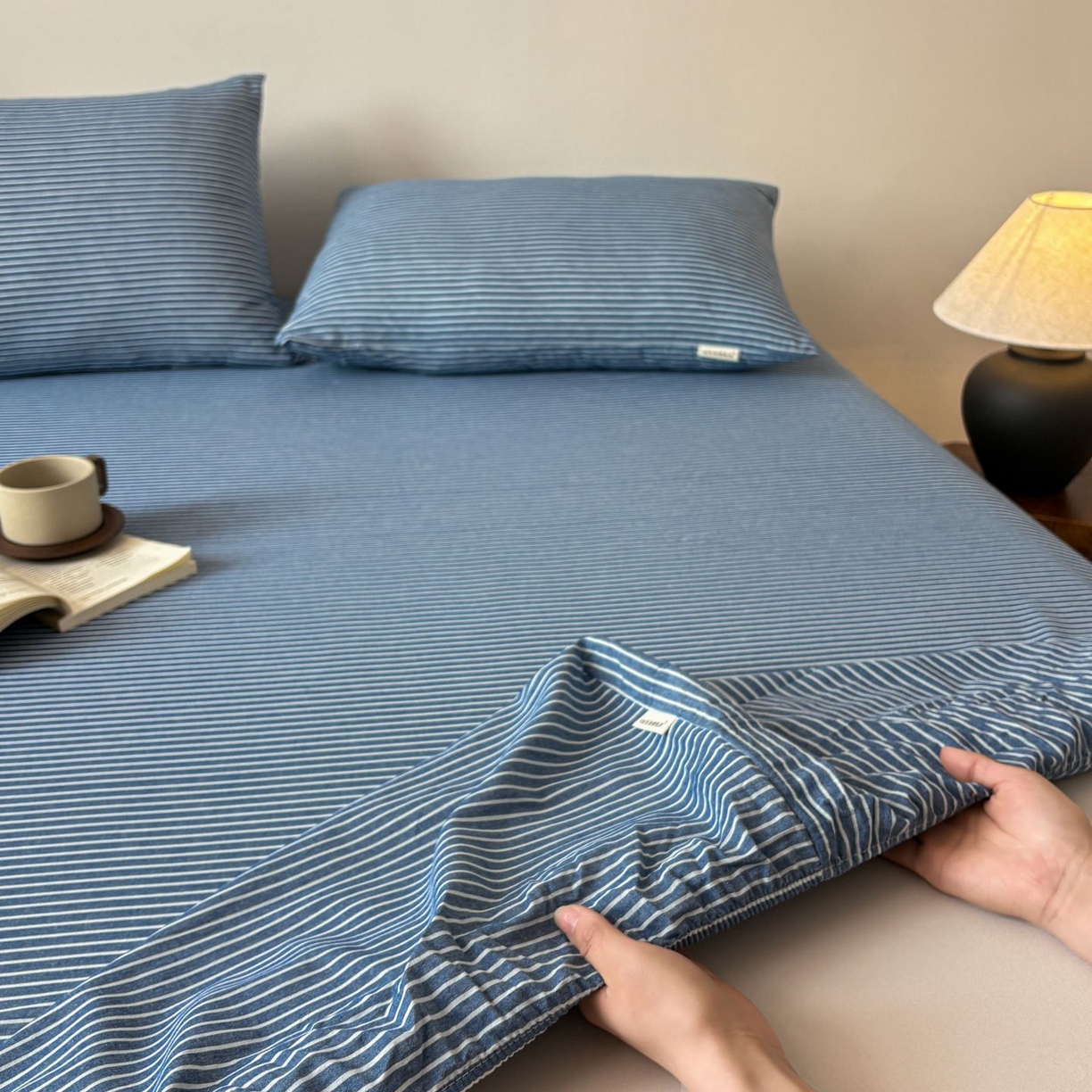 91家纺网 家纺一手货源 找家纺 居眠 2026新款单层色织水洗格子全棉床笠 单层款-蓝细条