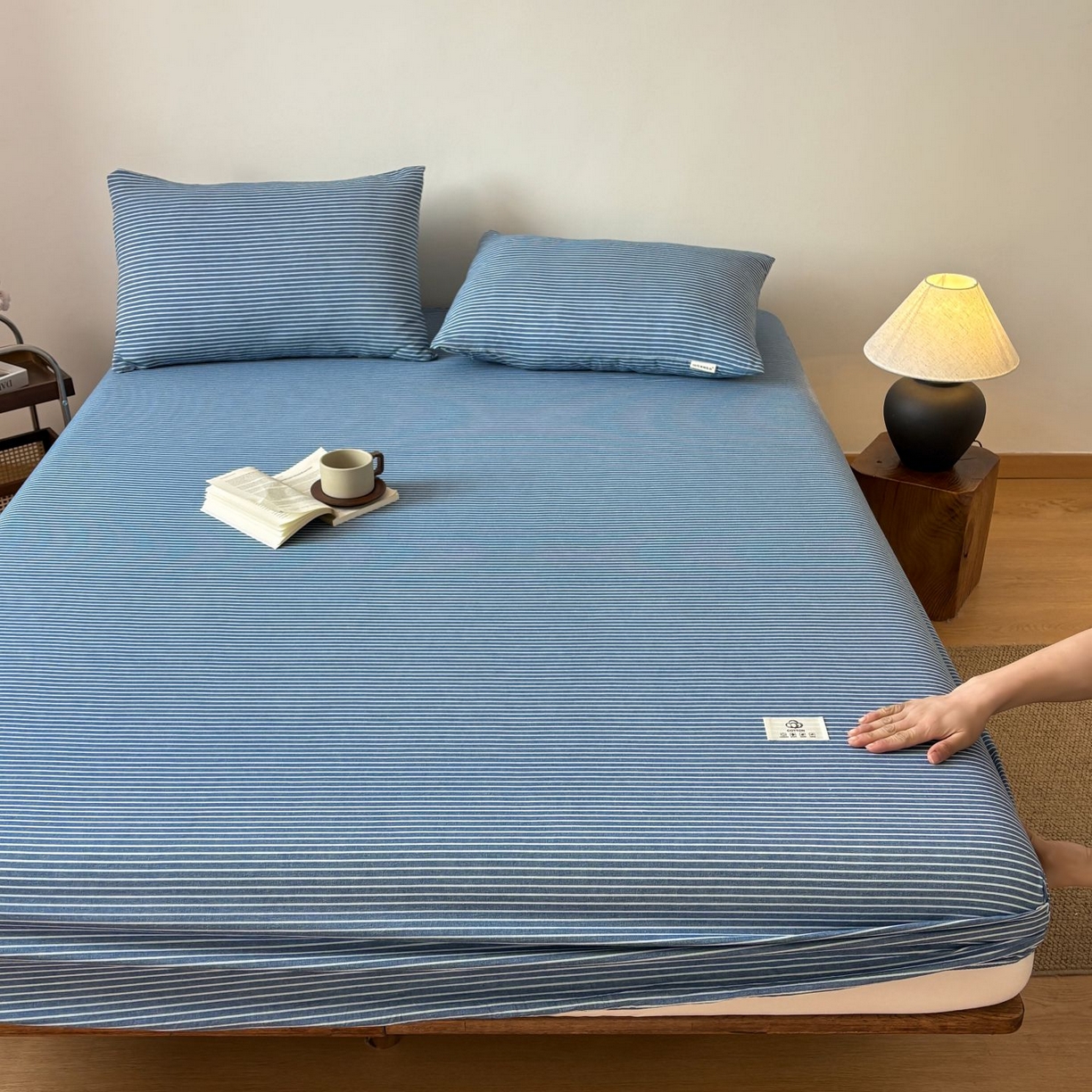 91家纺网 家纺一手货源 找家纺 居眠 2026新款单层色织水洗格子全棉床笠 单层款-蓝细条