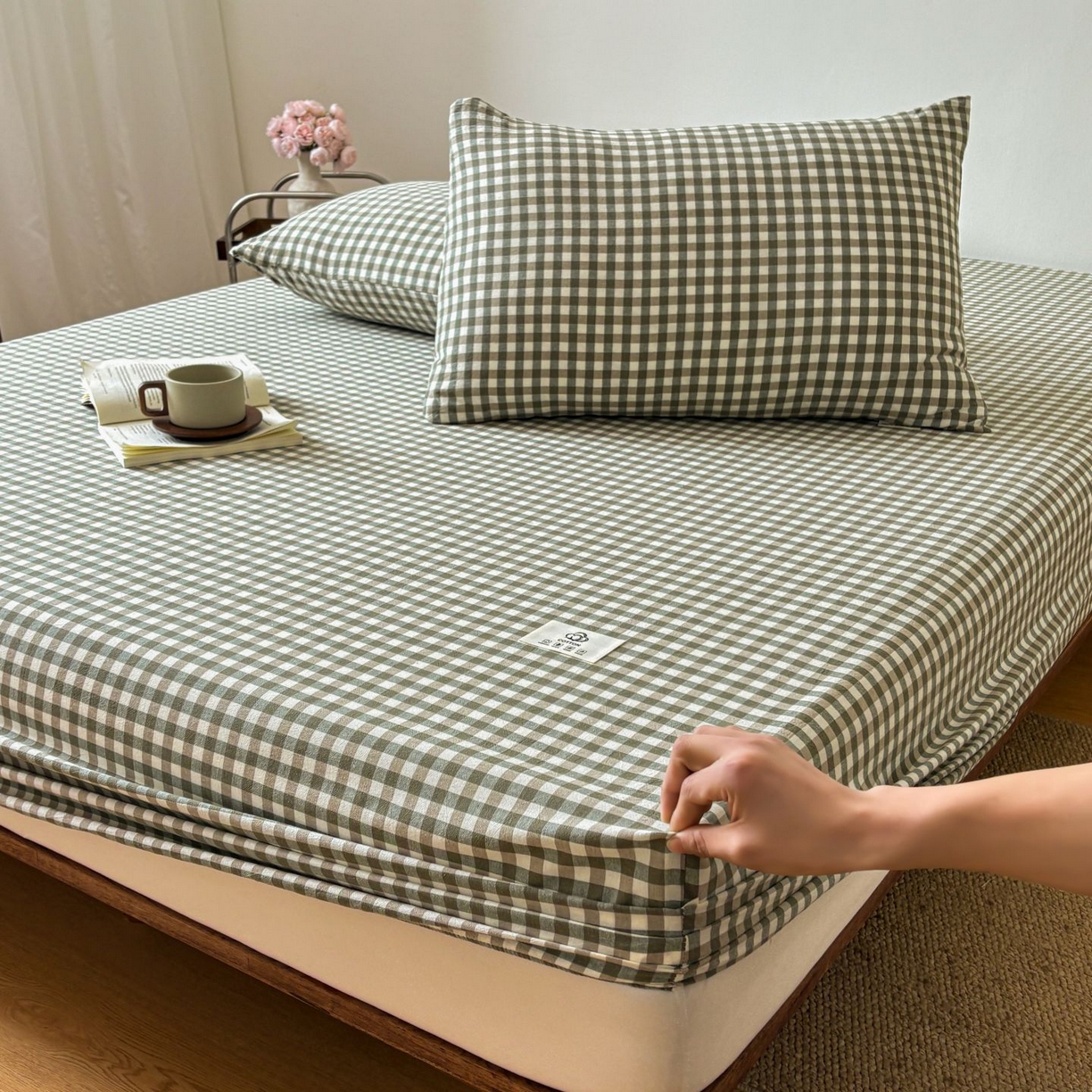 91家纺网 家纺一手货源 找家纺 居眠 2026新款单层色织水洗格子全棉床笠 单层款-绿小格