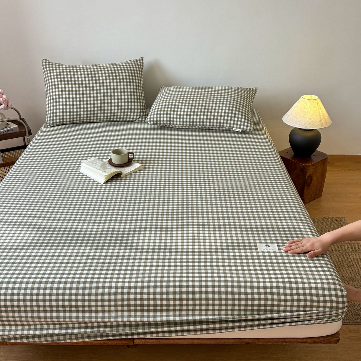 91家纺网 家纺一手货源 找家纺 居眠 2026新款单层色织水洗格子全棉床笠 单层款-绿小格