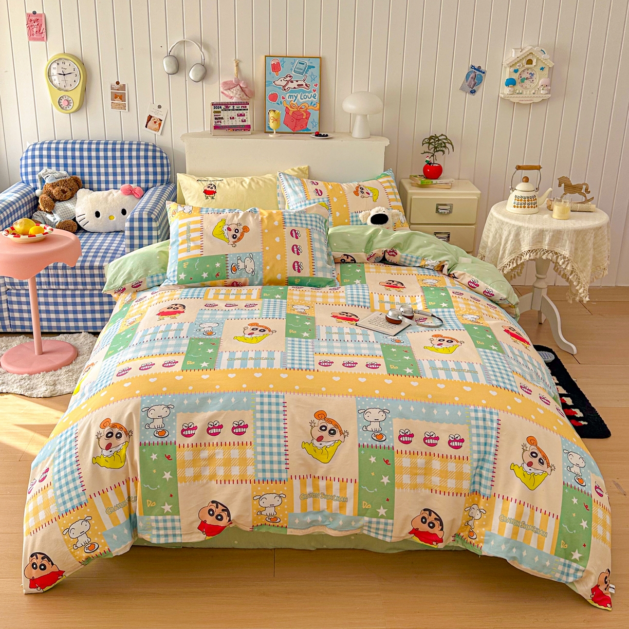 桃子家居 2026新款A类蜡笔小新正版授权刺绣混搭枕套卡通印花系列四件套 棉蜡笔小新-快乐童年