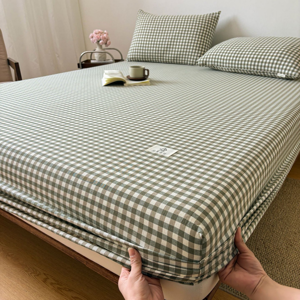 91家纺网 家纺一手货源 找家纺 居眠 2026新款单层色织水洗格子全棉床笠 单层款-绿小格