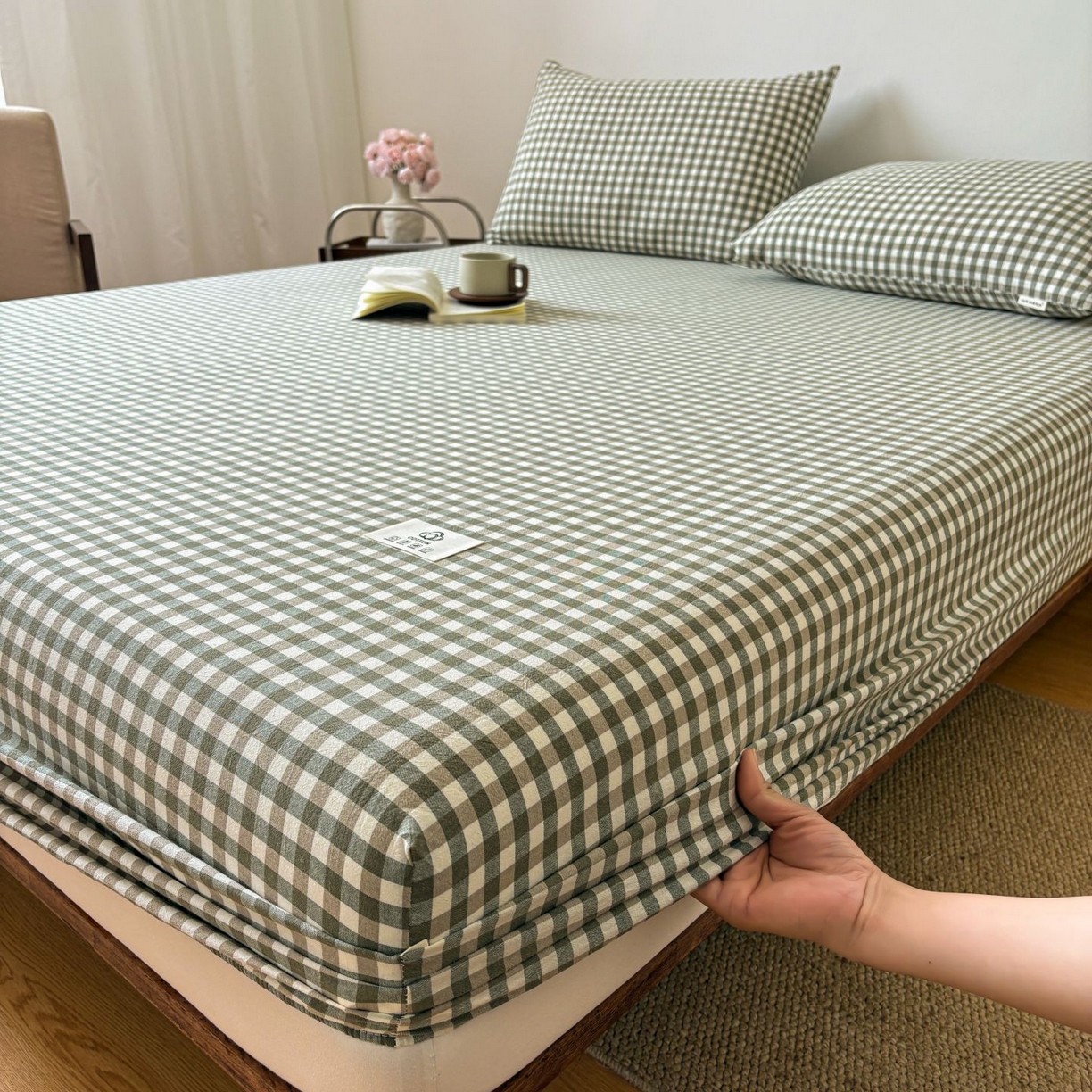 91家纺网 家纺一手货源 找家纺 居眠 2026新款单层色织水洗格子全棉床笠 单层款-绿小格