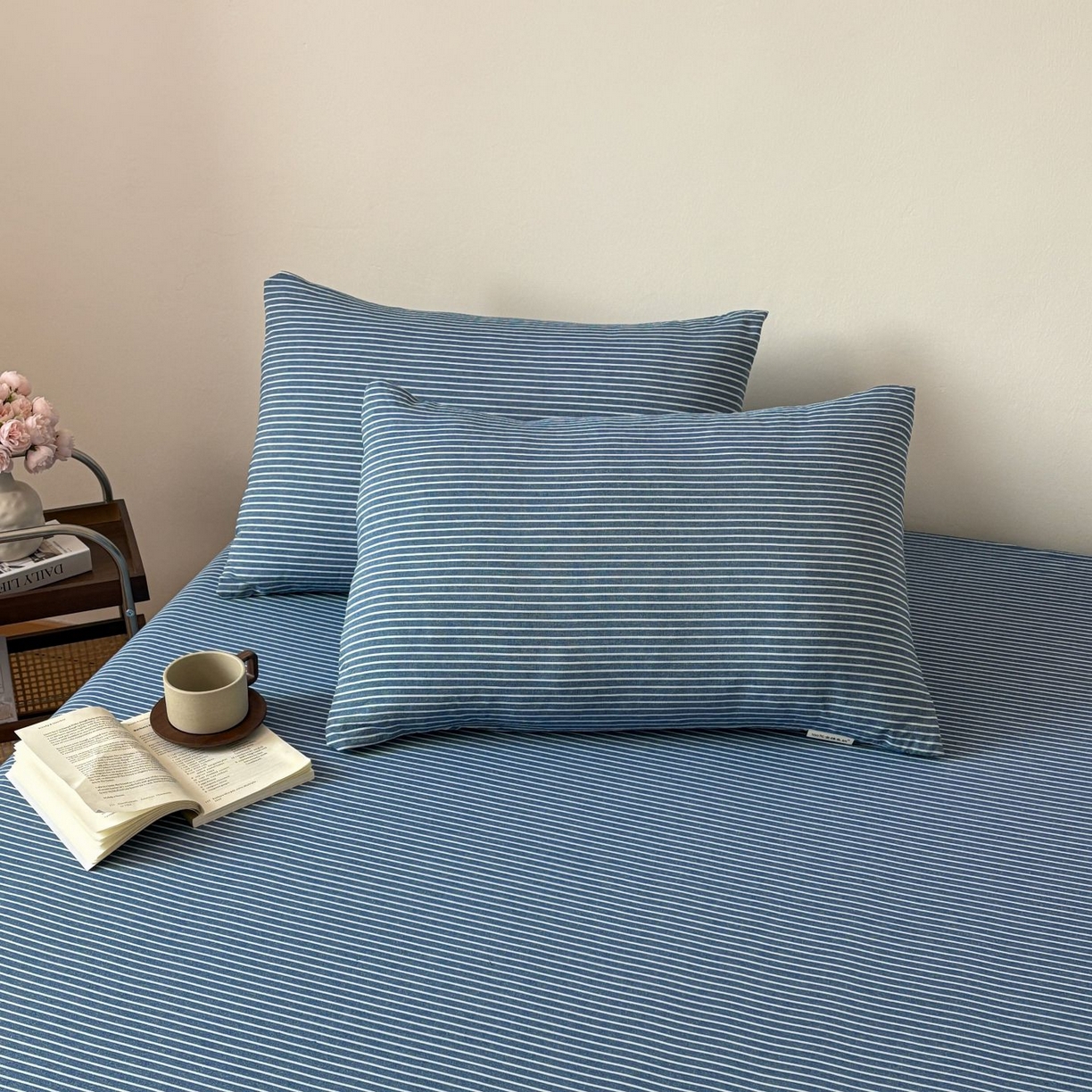 91家纺网 家纺一手货源 找家纺 居眠 2026新款单层色织水洗格子全棉床笠 单层款-蓝细条